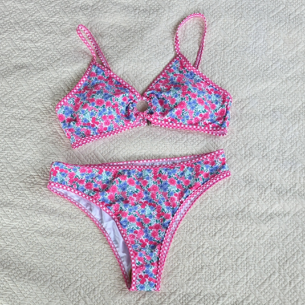Pink Floral Ring-Front Bikini Set with Checked Trim
